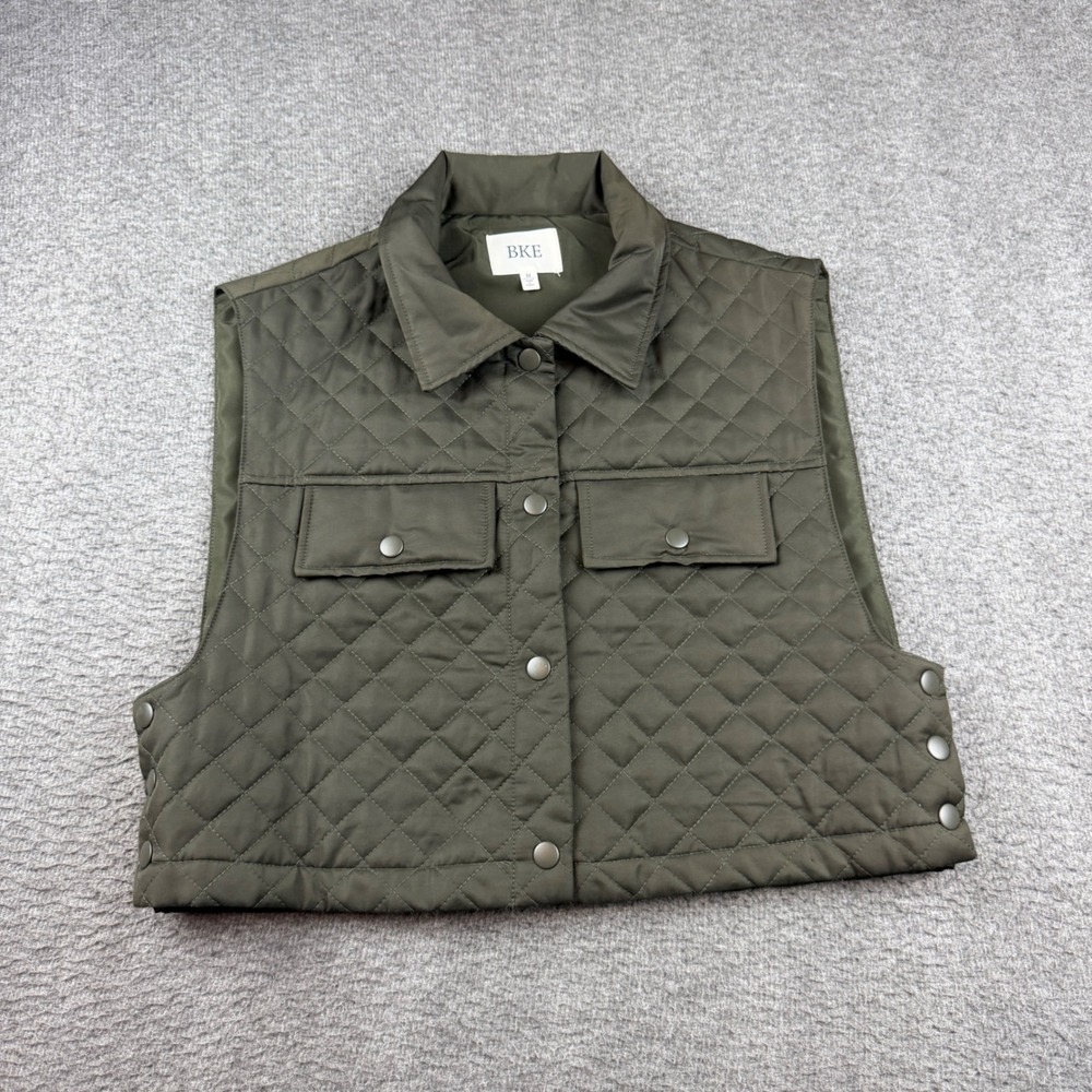 BKE Quilted Vest Women's M Olive Green Cropped Snap Front Collared Pockets